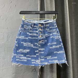 Röcke 2022 Sommer Ins Brief Druck Kurze Mini Denim Rock Weibliche Hohe Taille Schlanke Hand Ausgefranste A-Line Stretch Bleistift Y1214