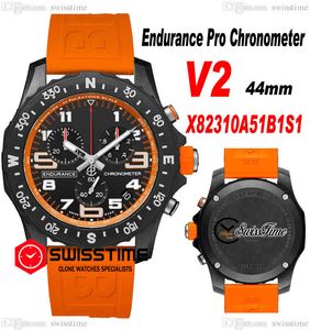Endurance Pro 44 Miyota Quartz Chronograph Men's Watch X82310A51B1S1 PVD Steel All Black Big Number Markers Orange Rubber Strap Watches Stoppur Swisstime F01AE55