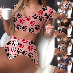 Kadınların Pijama Seksi Kadınlar Sıkı Seksi Pijama Seti Lingerie Çiçek Baskı Kısa Kollu Üstler Şort Set Pijama Nightie Sweetwear Ev Kıyafetleri 220913