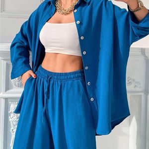 Dwuczęściowe spodnie damskie niebieskie lapy elastyczne spodnie talii zwykłe zestawy wiosenne biuro dama moda z długim rękawem z pojedynczych piersi Topy haremowe garnitury 220912