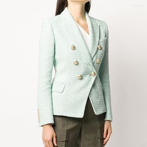 Damenanzüge, hohe Qualität, Est Nice Designer-Jacke, klassischer Damen-Tweed-Blazer mit Löwenknöpfen aus Metall, Mintgrün