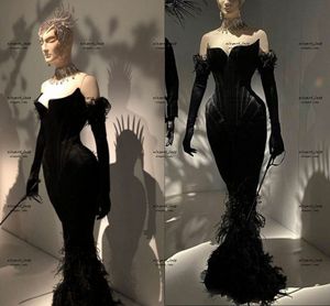 Black Sexy Mermaid Evening Formal Dresses with Long Sleeve Glove 2023 Stain Feather Sweetheart Pleated Arabic Prom Gown Dress
