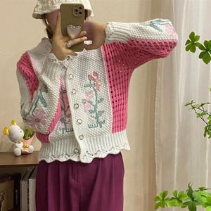 女性のニット刺繍かぎ針編みの波パターンニットカーディガンメスの花ショートセーターコート女性秋の冬アウター2022 W335