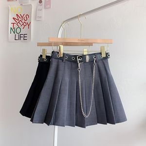 Skirts MAGOGO Gothic Chain Belt Pleated Skirt Women Punk A-Line Black Grey Short High Waist Trendy Cool