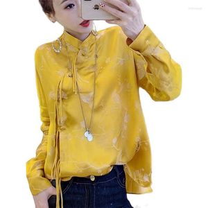 Women's Blouses National Style Printing Imitation Silk Shirt Women Spring 2022 Long-Sleeved Chinese-Style Buckle Mulberry Top