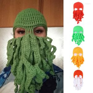 Berets Novelty Funny Tentacle Octopus Hat Handmade Crochet Cthulhu Beard Beanie Knit Wind Mask Cap Halloween Animal Gift