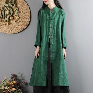 Trench feminina Coats femininos de algodão feminino seção longa sobre o joelho 2022 outono e inverno estilo chinês retro 5101