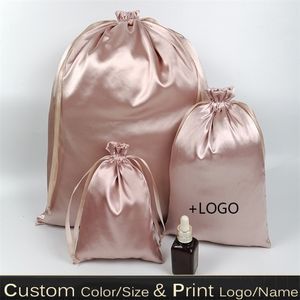 Gift Wrap 20st Rose Gold Silk Present Bags Satin Drawstring Pouch Makeup Shoes Clothes Virgin Hair Wig Cosmetic Packaging Bag Storage Print 220913