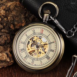 Taschenuhren Einzigartige Vintage mechanische Uhr Männer Bronze römische Zahl Zifferblatt Steampunk FOB Kette hohle Skelettuhr