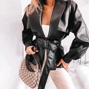 Damen Leder Explosive Damenmode Cool Trend BF Street Belt Mittellange Windjacke Frühling Faux