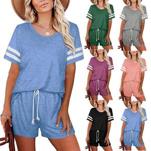 Frauen T Shirts Kurzarm Sexy Hemd Hosen Casual Frauen Hause Tuch 2022 Anzug Zwei-stück Streifen Kleidung Sport anzüge Sets AC0481