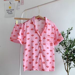 Women's Sleepwear Fashion Summer Pijamas Women Set 2 Pieces Short Pajamas for Girls Pink Lips Print Sleepwear Lounge Wear Satin Silk Pjs Home Wear 220913