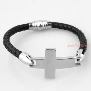 Link Bracelets Men Jewelry Black Leather Bracelet Hand Chain Vintage Accessories Cross Design Stainless Steel Clasps Male