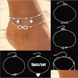 Anklets 5 datorer/set sier guld strand ankletter armband hamsa hand o￤ndlighet k￤rlek hj￤rta anklet sommar semester fotkedja juvelr carshop2006 dhhlu