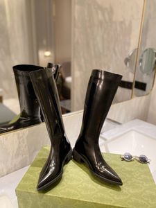 Pointed long boots Women's new patent leather high-rise boots in autumn and winter 2022 thick heels no more than knee high cavalry