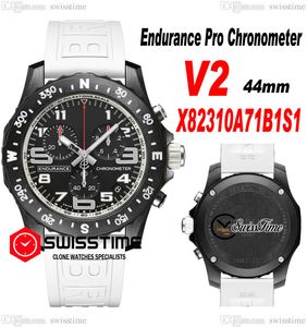 Endurance Pro Miyota Quartz Chronograph Mens Watch V2 X82310A71B1S1 PVD Steel All Black Big Number Markers White Rubber Strap Watches Stopwatch Swisstime F01D4