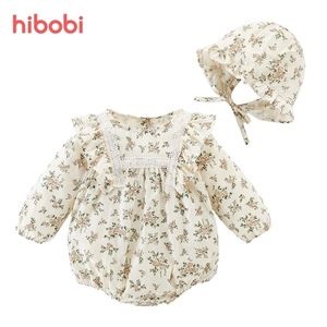Rompers hibobi 2 Pcs Baby Lace Ruffle Cute Girl Romper With Hat Sets Infant Vintage Floral Jumpsuit Toddler Baby Girl Clohtes 220913