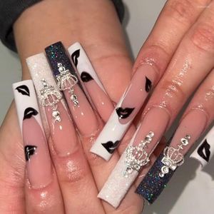 False Nails 24st Long Press On Cute Black Lip Print Full Coverage Artificial Fake Jelly Gel/Glue Type Sal99