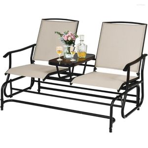 Camp Furniture 2 Person Outdoor Patio Double Glider Chair Loveseat Rocking With Center Table OP70357