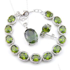 Armband örhängen halsband kvinnor zirkon armband hängen studörhängen set oval peridot dekorativa kant ädelstenar 925 sier vipjewel dhenw