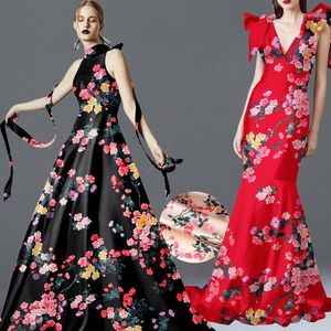 Giyim kumaş geniş 19mm 93% ipek% 7 spandeks ağaçları çiçek baskı streç siyah kırmızı pembe saten elbise Cheongsam D1032