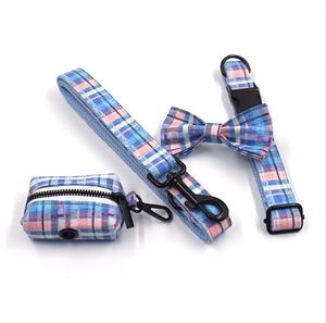 Durable Dog Collar with Leash Bow Tie Poop Bag Holder Pink Blue Plaid Pattern Quick Release Gold Metal Buckle for Large Medium Small Dogs Collar