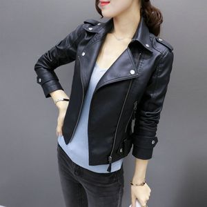 Women Leather Jacket Faux Sheepskin Elegant Motorcycle Vintage Pu Imitation Biker Short Lapel Outerwear Waisted Long Sleeve BF