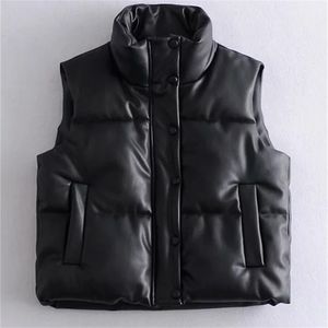 Kvinnors västar kvinnor puffy ner svart pu läder kvinna jacka kappa hösten vinter outwear puffer kvinnlig ärmlös 220912