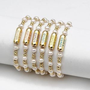 Bracelets de link Cartão Desejo Cartão de água doce natural Pulseira de pérola para mulheres jóias boho você é amado charme cobre bead elástico 2022