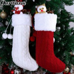 Christmas Decorations OurWarm Knitted Stockings Candy Gift Bag Fireplace Xmas Tree Hanging Ornaments Decoration For Home Red Ivory