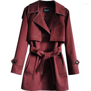 Women's Trench Coats Spring And Autumn Windbreaker Women's Mid-length Double Breasted Wine Red England Lady's Slim Coat