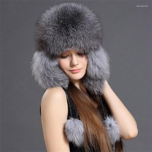 Berets Natural Fur Bomber Hat Winter Warm Women Fluffy Genuine Earflap Caps Luxury Quality Russian Lady Real