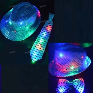 Cappelli a tesa larga LED lampeggiante con paillettes cravatta fiocco con cappello fedora festa nuziale ragazzo uomo Halloween Natale 220913