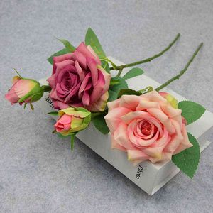 Faux Floral Greenery 12Pcs Artificial Flower Silk Rose 46Cm Real Touch Fake Plant Bouquet For Home Yarn Table Wedding Decoration Accessories J220906