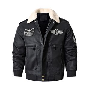 Skórzana męska faux bomber motocyklowa kurtka motocyklowa Vintage Brown Wojskowy płaszcz Winter Polar Pigskin Plus Size Jaqueta 220912