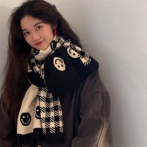 Scarves Wool Knitted Scarf Doublesided Smiley Face Women's Winter White and Black Foulard Shawl for Female 220913