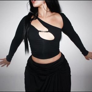 Women's T-Shirt Hollow Out Crop Top Punk Tee Shirts For Women Asymmetrical Gothic Streetwear Sexy Skinny Club Clothes Top