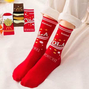 Sports Socks Women Fashion Casual Cotton Food Cola French Fries Hamburger Novelty Funky Funny Happy Letter Red Short Fancy