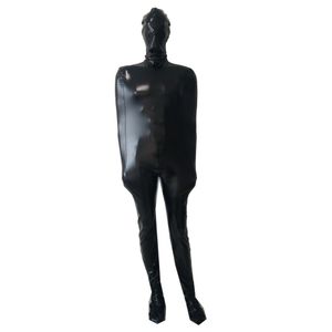 Unisex svart glänsande metallisk spandenx zentai catsuit med inre ärm vuxen cosplay jumpsuit split ben body väska fancy klänning