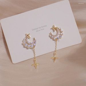 Kolczyki stadnorskie Koreańska Trendy Shine Star Moon CZ Earring For Women K Real Gold Bling Zirlon Tassel Wedding Jewelry Bijoux