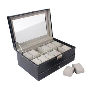 Watch Boxes 12 Slot Luxury Box Case PU Leather With Glass Top Wristwatch Organizer Display Jewelry Store Briefcase