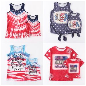 Familjsmatchande kläder Girlymax Independence Day 4 juli Baby Girls Mommy Me Boutique Knot Top Bleached T-shirts Kläder Kort ärm ärmlös 220914