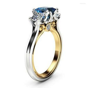 Cluster-Ringe Foydjew Europäischer amerikanischer vergoldeter 14 Karat Gold Zweifarbiger Seeblauer Topas Princess Square Diamant-Verlobungsring für Frauen