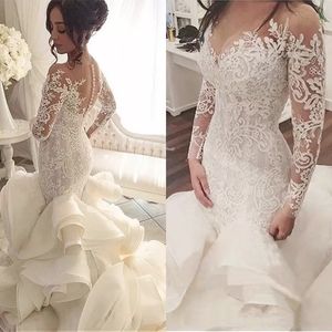 2022 Plus Size Organza Abiti da sposa a sirena Nuovo arrivo Pizzo manica lunga Musulmano Vestido De Noiva Appliques romantici Ruffles Abiti da sposa