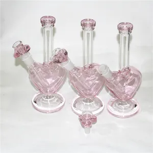 Pink Heart Shape Glass Bong Gongohs 9 polegadas Reciclador Tubos de água 14mm Plantas de óleo da articulação fêmea com banger ou tigela de quartzo ou tigela