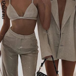 Zweiteilige Damen-Hosen, sexy Glitzer, ärmellos, Crop-Top, BH, Hosen-Set, Damen-Sommer-Hosen-Set mit hoher Taille, figurbetont, gerade Hosenanzüge 220913