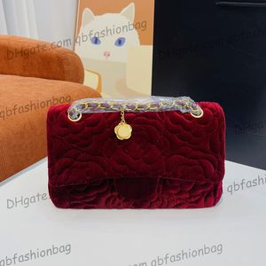 22Ss F/W Womens Velvet Camellia Bags Classic Double Flap Quilted Gold Metal Hardware Matelasse Chain Shoulder Multi Pochette Designer Velour Handbags 25x7x16CM