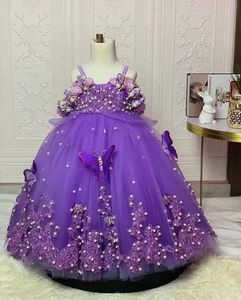 Luxueuze lavendel Lila bloemenmeisje jurken baljurk tule kanten parels