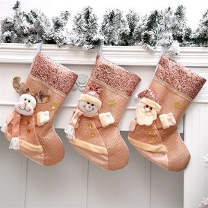 Sacos Do Ouro Dos Favores venda por atacado-Decorações de Natal Presente Gold Gold Rosa Pink Socks Crianças favorecem Santa Claus Natal Elk Snowman Bag Tree Decor Children Gifts E3