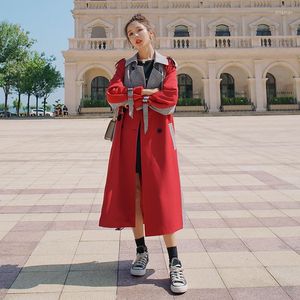 Women's Trench Coats Women's 2022 Contrast Color Stitching Waist Spring Coat Ladies Red Windbreaker Autumn Long Over Knee Fashion For